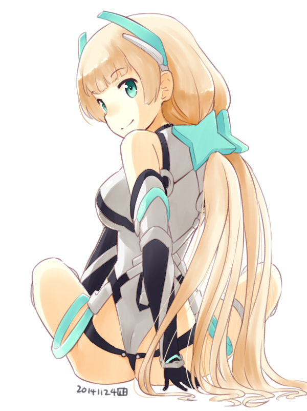1girl angela_balzac aqua_eyes ass blonde_hair bodysuit breasts dated elbow_gloves expelled_from_paradise from_behind gloves headgear leotard long_hair looking_back low_twintails nagian signature simple_background sitting smile solo thigh_strap twintails very_long_hair white_background