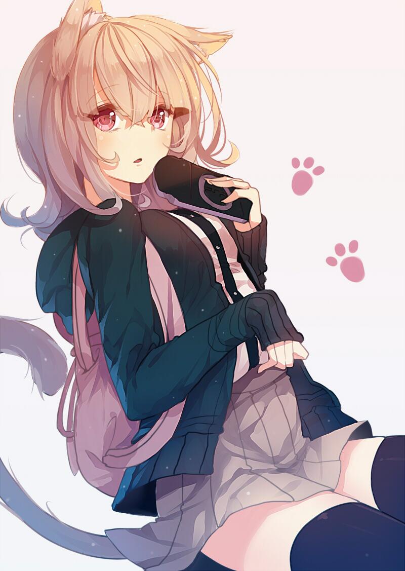 1girl animal_ears backpack bag black_legwear breasts caidychen cardigan cat_ears cat_tail cowboy_shot crossed_arms dangan_ronpa hair_ornament holding hoodie kemonomimi_mode looking_at_viewer nanami_chiaki paw_print pink_eyes pink_hair playstation_portable pleated_skirt short_hair skirt sleeves_past_wrists solo super_dangan_ronpa_2 tail thigh-highs zettai_ryouiki