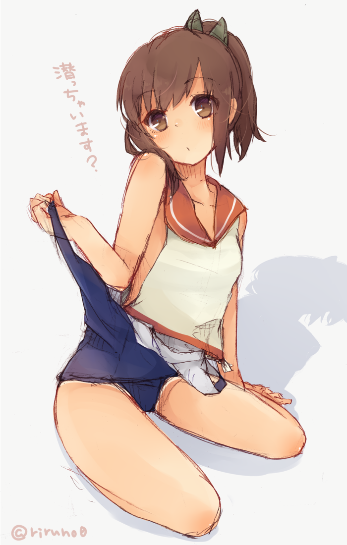 1girl brown_eyes brown_hair i-401_(kantai_collection) kantai_collection one-piece_swimsuit riruno school_swimsuit short_hair short_ponytail swimsuit swimsuit_pull swimsuit_under_clothes tan