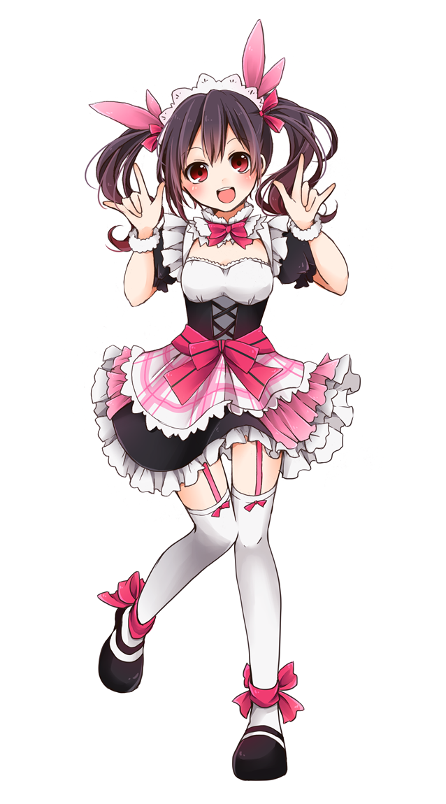 1girl \m/ bangs black_hair blush bow bow_legwear bowtie double_\m/ dress frilled_skirt frills full_body garter_straps hair_bow long_hair looking_at_viewer love_live!_school_idol_project maid maid_headdress mogyutto_"love"_de_sekkin_chuu! nanase_eka nico_nico_nii open_mouth puffy_sleeves red_eyes shoes short_sleeves simple_background skirt smile solo standing standing_on_one_leg thigh-highs twintails white_background white_legwear yazawa_nico zettai_ryouiki
