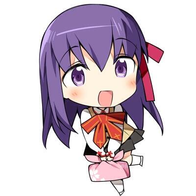 1girl bow chibi fate/stay_night fate_(series) hair_ribbon hanabana_tsubomi long_hair lowres lunchbox matou_sakura purple_hair ribbon school_uniform skirt smile solo vest violet_eyes white_background