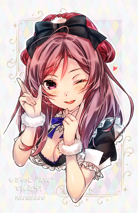 1girl blush bow breasts bust character_name cleavage fur_trim hair_bow long_hair looking_at_viewer love_live!_school_idol_project mogyutto_"love"_de_sekkin_chuu! nishikino_maki one_eye_closed pointing pointing_up puuko_(iberiko_neko) red_eyes solo song_name violet_eyes