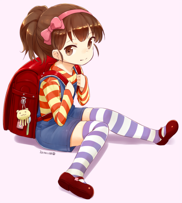 1girl backpack bag brown_hair character_request dated hairband looking_at_viewer nagian ponytail randoseru shirt shorts signature sitting solo striped striped_legwear striped_shirt thigh-highs
