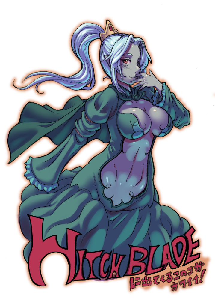 1girl blue_hair breasts center_opening character_request cleavage commentary_request dress grey_skin large_breasts long_hair pointy_ears red_eyes sleeves_past_wrists smile solo tiara ueno_petarou witchblade