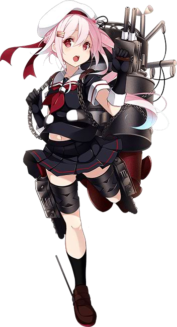barrel beret cannon chain gloves gradient_hair hair_ornament hairclip harusame_(kantai_collection) hat kantai_collection loafers looking_at_viewer multicolored_hair official_art pink_hair red_eyes school_uniform shoes side_ponytail