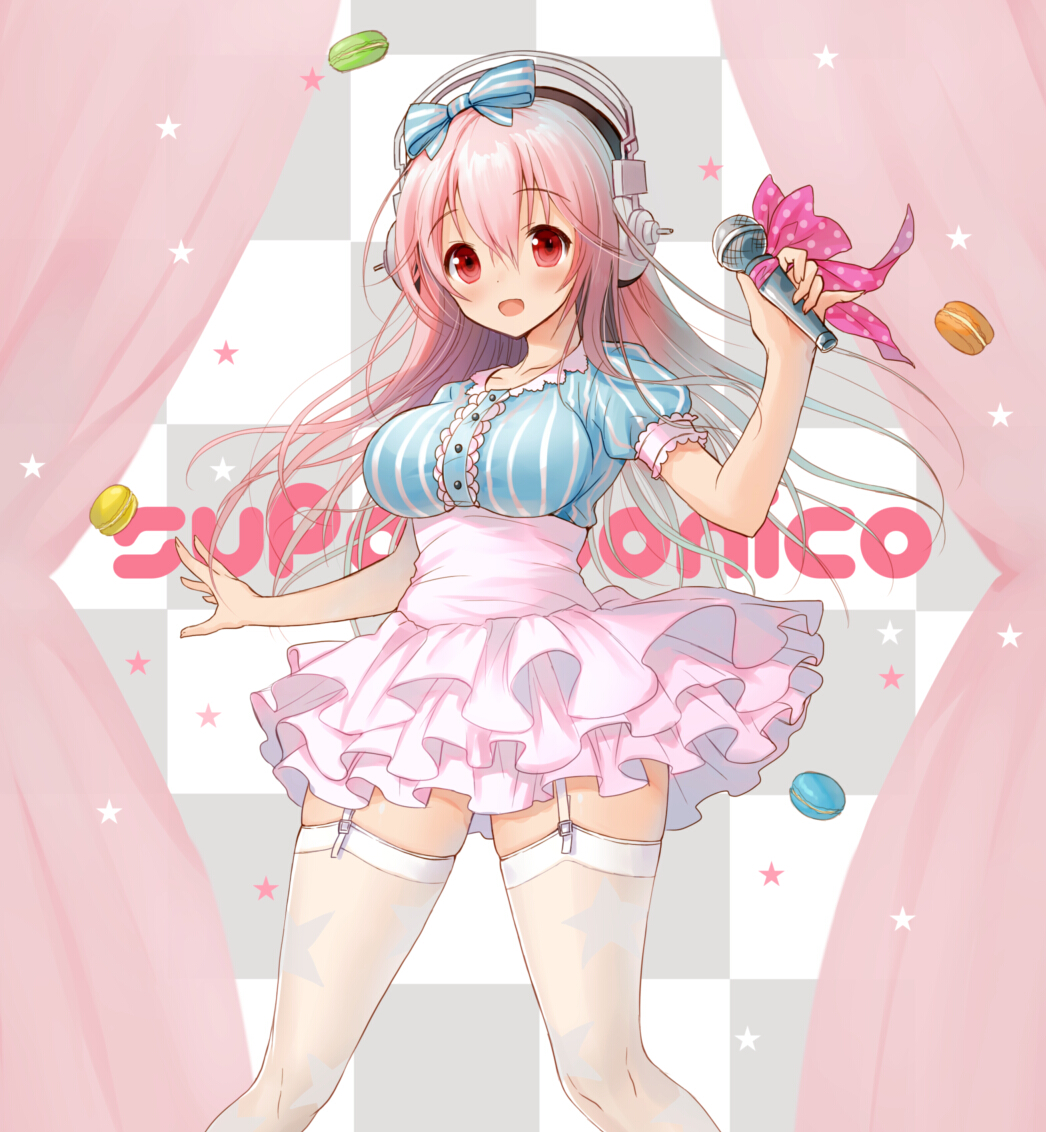 1girl :d bow breasts cookie food frilled_skirt frills garter_straps hair_bow hayama_eishi headphones holding long_hair looking_at_viewer microphone nitroplus open_mouth pink_eyes pink_hair skirt smile solo super_sonico white_legwear