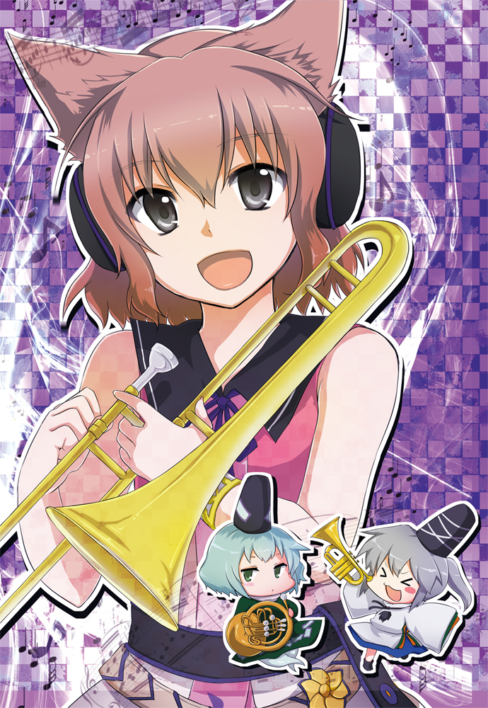 &gt;_&lt; 3girls :d black_eyes blue_hair blush_stickers brown_hair dress earmuffs french_horn green_eyes hat instrument looking_at_viewer mononobe_no_futo monrooru multiple_girls musical_note_print open_mouth pointy_hair silver_hair smile soga_no_tojiko tate_eboshi touhou toyosatomimi_no_miko trombone trumpet xd