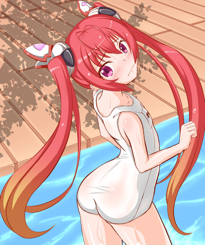 1girl blush closed_mouth collarbone hair_ornament long_hair looking_at_viewer mitsuka_souji one-piece_swimsuit ore_twintail_ni_narimasu pool redhead rekuto school_swimsuit solo straight_hair swimsuit tail_red twintails violet_eyes