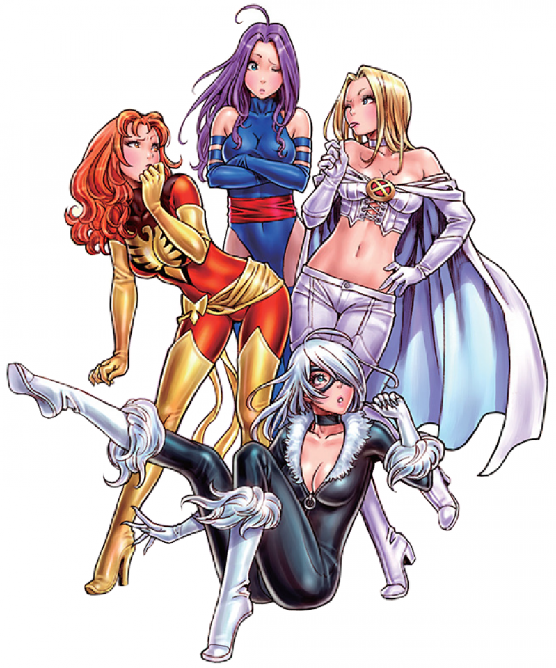 4girls :o ;p ahoge bare_shoulders bent_over bird black_cat_(marvel) blonde_hair blue_eyes blue_gloves blue_legwear blush bodysuit boots breasts cape choker claws cleavage corset covered_navel covering_mouth crop_top cross-laced_clothes crossed_arms crossover dark_phoenix elbow_gloves elizabeth_braddock emma_frost eye_contact felicia_hardy fur_trim gloves hair_over_one_eye hand_on_hip hand_over_own_mouth high_heels jean_grey knee_boots leg_lift leg_up leotard long_hair looking_at_another marvel mask midriff multiple_girls navel ninja off_shoulder one_eye_closed open_mouth orange_eyes orange_hair pants parted_lips phoenix psylocke purple_hair sarong sash simple_background sitting skin_tight spider-man_(series) standing standing_on_one_leg superhero thigh-highs thigh_boots tongue tongue_out turtleneck white_elbow_gloves white_gloves white_hair white_legwear x-men yamashita_shun'ya yellow_gloves yellow_legwear zipper