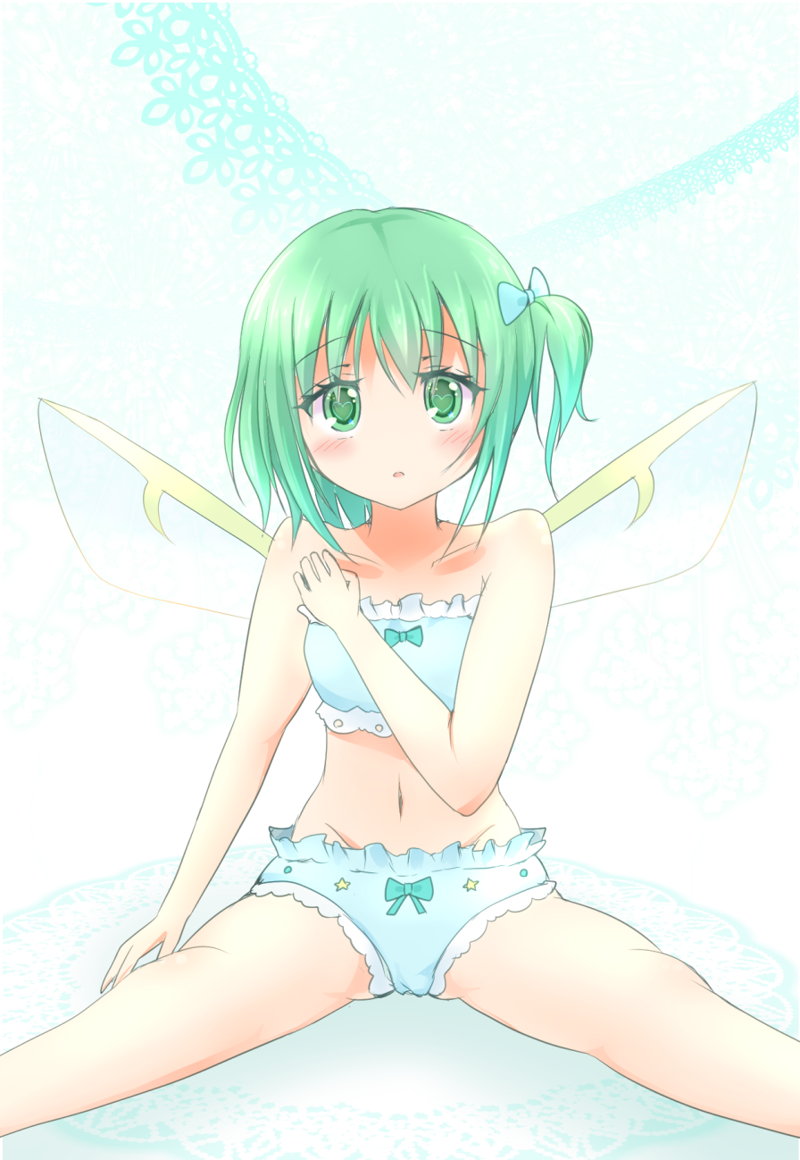 1girl blush bow cinderella_bust daiyousei fairy_wings green_eyes green_hair hair_bow heart heart-shaped_pupils highres mickeysmith navel side_ponytail sitting sitting_on_face sitting_on_person solo symbol-shaped_pupils touhou underwear underwear_only wings