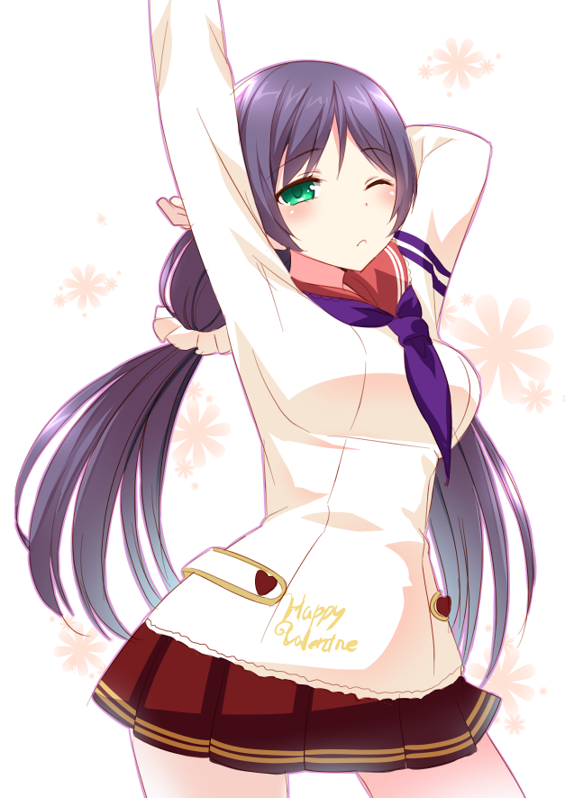 arms_up green_eyes long_hair love_live!_school_idol_project low_twintails seifuku toujou_nozomi twintails valentine violet_hair wink