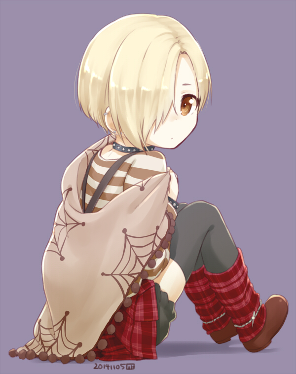 1girl black_legwear brown_eyes choker dated ear_piercing hair_over_one_eye idolmaster idolmaster_cinderella_girls leg_warmers looking_at_viewer nagian piercing shirasaka_koume shirt shorts shorts_under_skirt signature sitting skirt solo striped striped_shirt thigh-highs