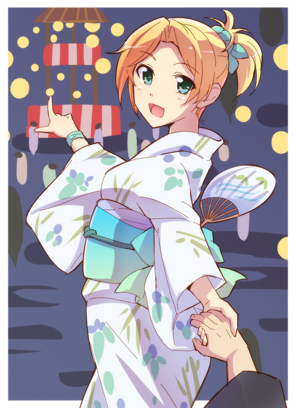 1girl :d blonde_hair bracelet e20 fan floral_print green_eyes hair_ornament holding_hands japanese_clothes jewelry kantai_collection kimono looking_at_viewer maikaze_(kantai_collection) obi open_mouth paper_fan pointing ponytail pov pov_eye_contact sash short_ponytail smile