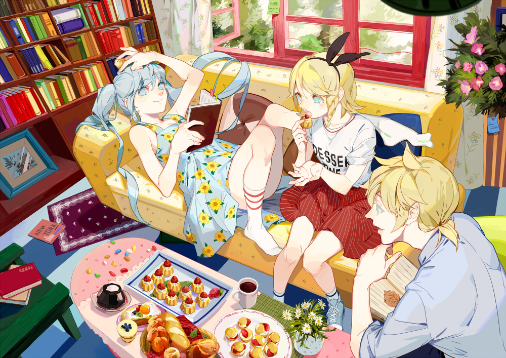 1boy 2girls aqua_eyes aqua_hair blonde_hair blue_eyes food hatsune_miku kagamine_len kagamine_rin long_hair multiple_girls p0ckylo short_hair twintails vocaloid