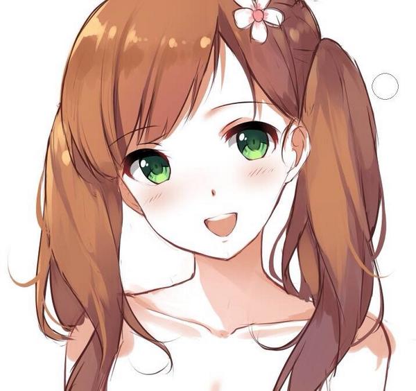 :d alternate_hairstyle bangs bare_shoulders blush breasts brown_hair caidychen caidychen's_green-eyed_girl circle cleavage collarbone ears flower_hair_ornament green_eyes hair_ornament long_hair open_mouth original parted_bangs portrait simple_background smile twintails wavy_hair white_background