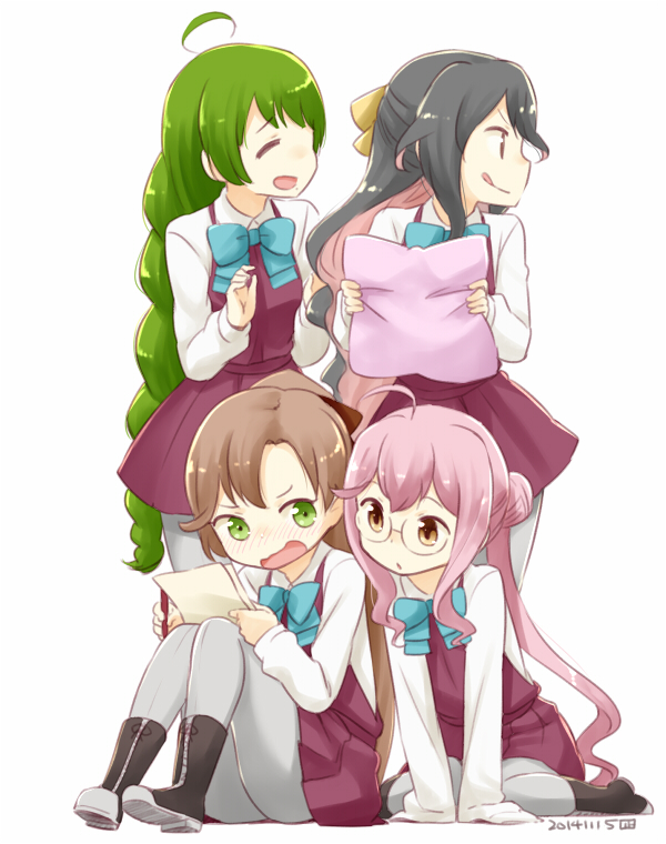 4girls :q ahoge akigumo_(kantai_collection) black_hair blush bowtie brown_eyes closed_eyes dated glasses green_eyes green_hair grey_background kantai_collection long_hair makigumo_(kantai_collection) mole multicolored_hair multiple_girls naganami_(kantai_collection) nagian open_mouth pantyhose pillow pink_hair school_uniform signature sleeves_past_wrists tongue tongue_out two-tone_hair very_long_hair white_background yuugumo_(kantai_collection)