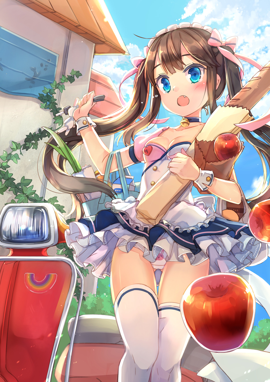 1girl apple bag bell bell_collar blue_eyes blush bow bread breasts brown_hair bunny_print cleavage collar fang food fruit hair_bow headdress highres jin_young-in jingle_bell long_hair looking_at_viewer moped motor_vehicle open_mouth original panties pantyshot pantyshot_(standing) paper_bag pink_panties print_panties small_breasts solo standing tears thigh-highs twintails underwear vehicle waitress white_legwear wrist_cuffs