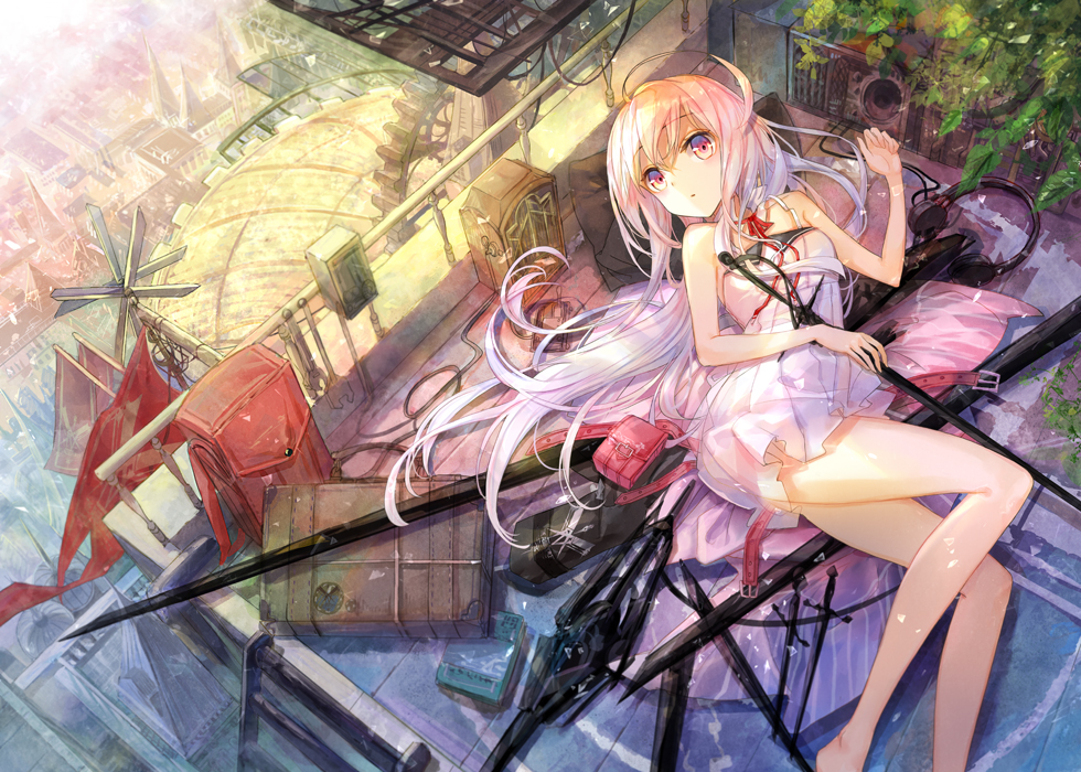 1girl bag camisole casual from_above fuumi_(radial_engine) grey_eyes long_hair looking_at_viewer lying original silver_hair solo sword weapon