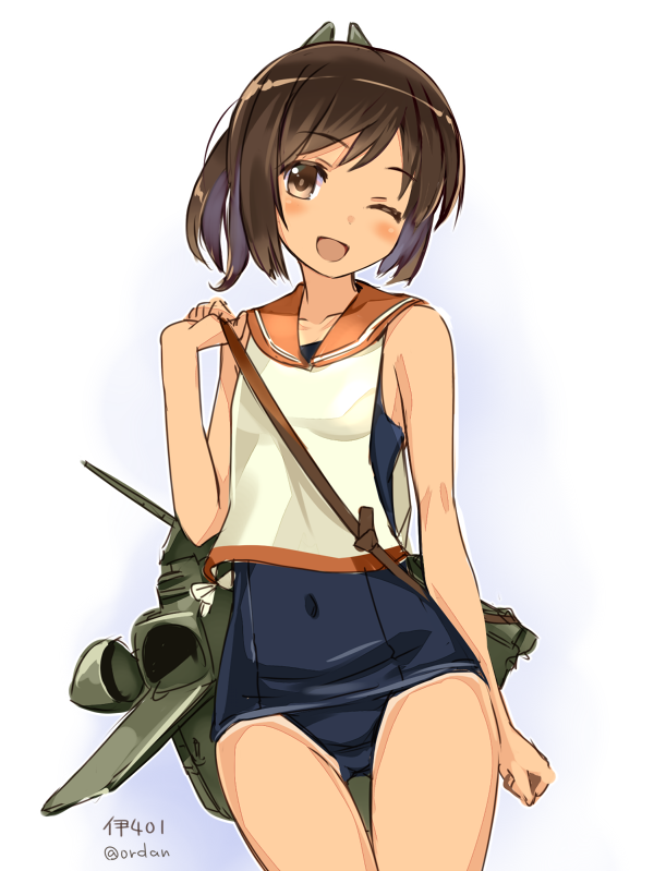 1girl amagai_tarou bare_shoulders blush brown_eyes brown_hair i-401_(kantai_collection) kantai_collection looking_at_viewer one-piece_swimsuit one_eye_closed open_mouth ponytail sailor_collar school_swimsuit school_uniform short_hair short_ponytail smile solo swimsuit swimsuit_under_clothes tan