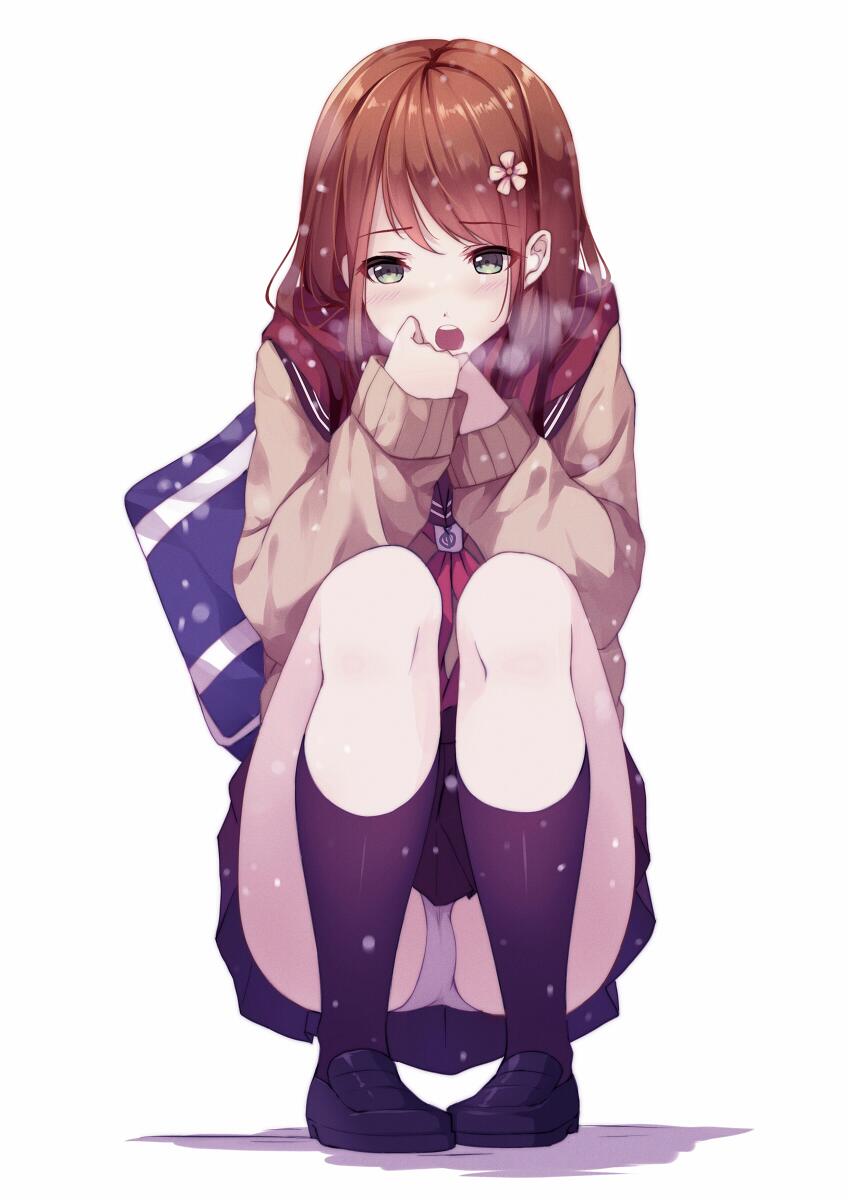 1girl :o aki_(caidychen) bag black_legwear black_shoes blush breath breathing_on_hands brown_hair caidychen cardigan cold ears flower_hair_ornament green_eyes hair_ornament hands highres loafers original panties pantyshot pantyshot_(squatting) pleated_skirt red_scarf scarf school_bag school_uniform serafuku shadow shoes skirt socks solo squatting sweater underwear white_background white_panties