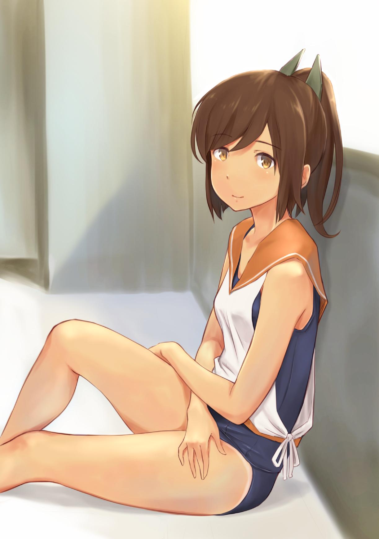 1girl bare_shoulders blush brown_eyes brown_hair highres i-401_(kantai_collection) kantai_collection long_hair looking_at_viewer one-piece_swimsuit ponytail sailor_collar school_swimsuit school_uniform serafuku short_hair short_ponytail sitting smile solo swimsuit swimsuit_under_clothes tan wa_(genryusui)