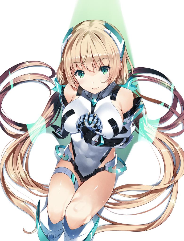 1girl angela_balzac bare_shoulders blonde_hair blush bodysuit breasts elbow_gloves expelled_from_paradise from_above gloves green_eyes headgear large_breasts leotard long_hair looking_at_viewer looking_up low_twintails sitting smile solo tachibana_yuu thigh_strap twintails very_long_hair