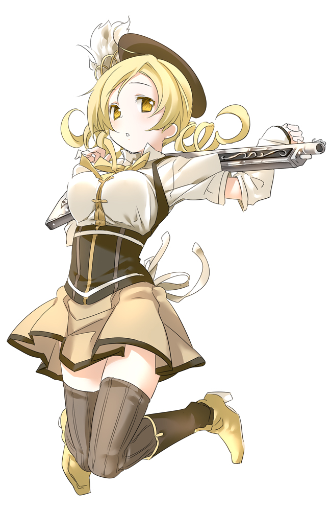 1girl blonde_hair boots breasts drill_hair gun himura_kiseki jumping large_breasts looking_at_viewer magical_girl magical_musket mahou_shoujo_madoka_magica over_shoulder simple_background skirt solo thigh-highs tomoe_mami weapon weapon_over_shoulder yellow_eyes zettai_ryouiki