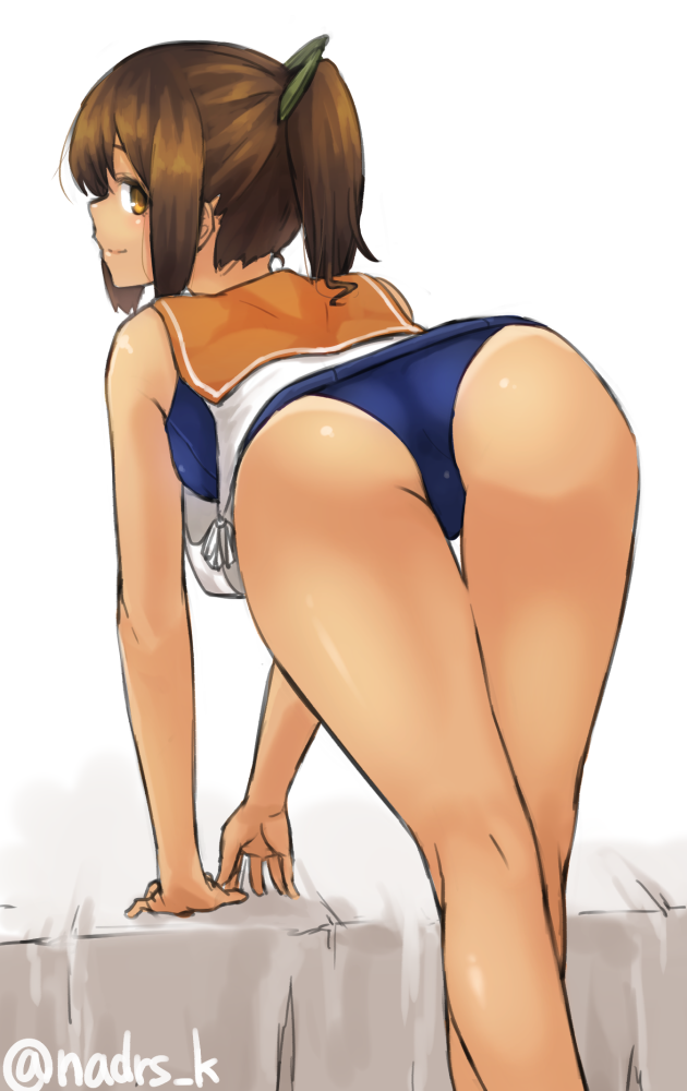 1girl arm_support ass bare_shoulders blush brown_eyes brown_hair i-401_(kantai_collection) kantai_collection looking_at_viewer looking_back ponytail sailor_collar school_swimsuit school_uniform short_hair short_ponytail smile solo spitfire99 swimsuit swimsuit_under_clothes tan twitter_username