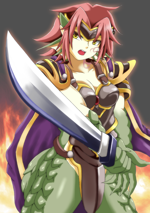1girl armor breasts cape chihashi_keishuu claws cleavage cowboy_shot dragon_girl dragon_tail facial_tattoo fighting_stance fire granberia head_fins mon-musu_quest! open_mouth pauldrons pointy_ears redhead solo sword tail tattoo weapon yellow_eyes
