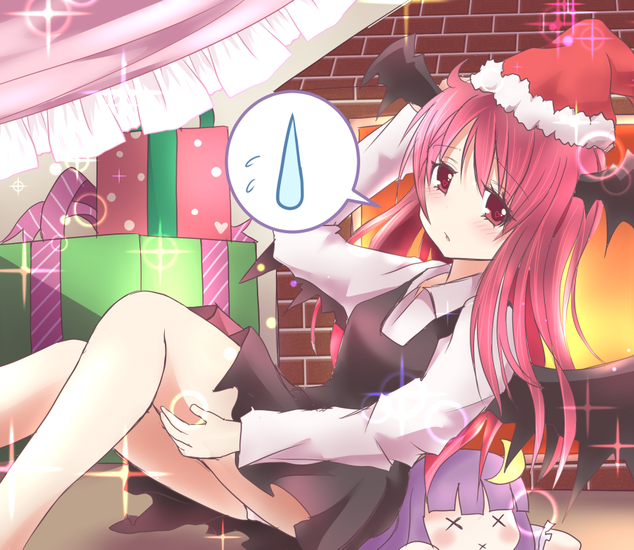 1girl christmas demon_wings doll hat head_wings koakuma long_hair mickeysmith patchouli_knowledge red_eyes redhead santa_hat solo spoken_sweatdrop sweatdrop touhou wings