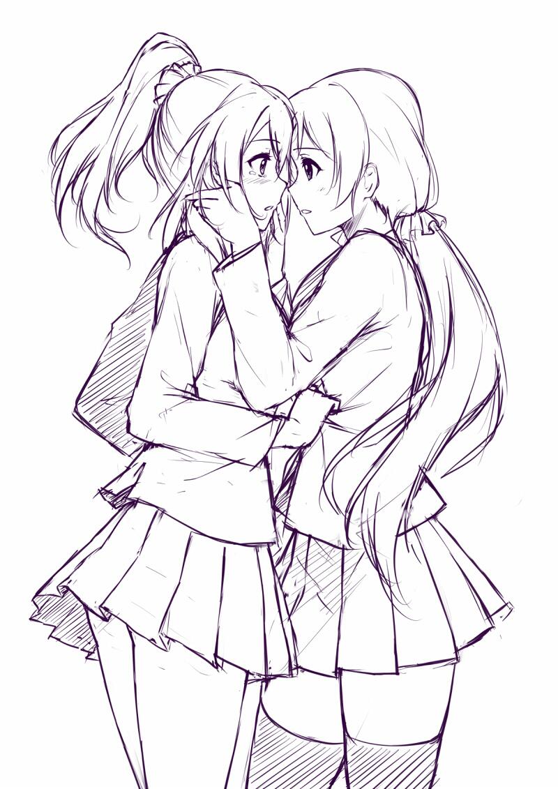 2girls :o ayase_eli bag blazer caidychen eye_contact hand_on_another's_cheek hand_on_another's_face incipient_kiss looking_at_another love_live!_school_idol_project low_twintails monochrome multiple_girls parted_lips pleated_skirt ponytail school_bag school_uniform shirt_grab sketch skirt tears thigh-highs toujou_nozomi twintails yuri zettai_ryouiki