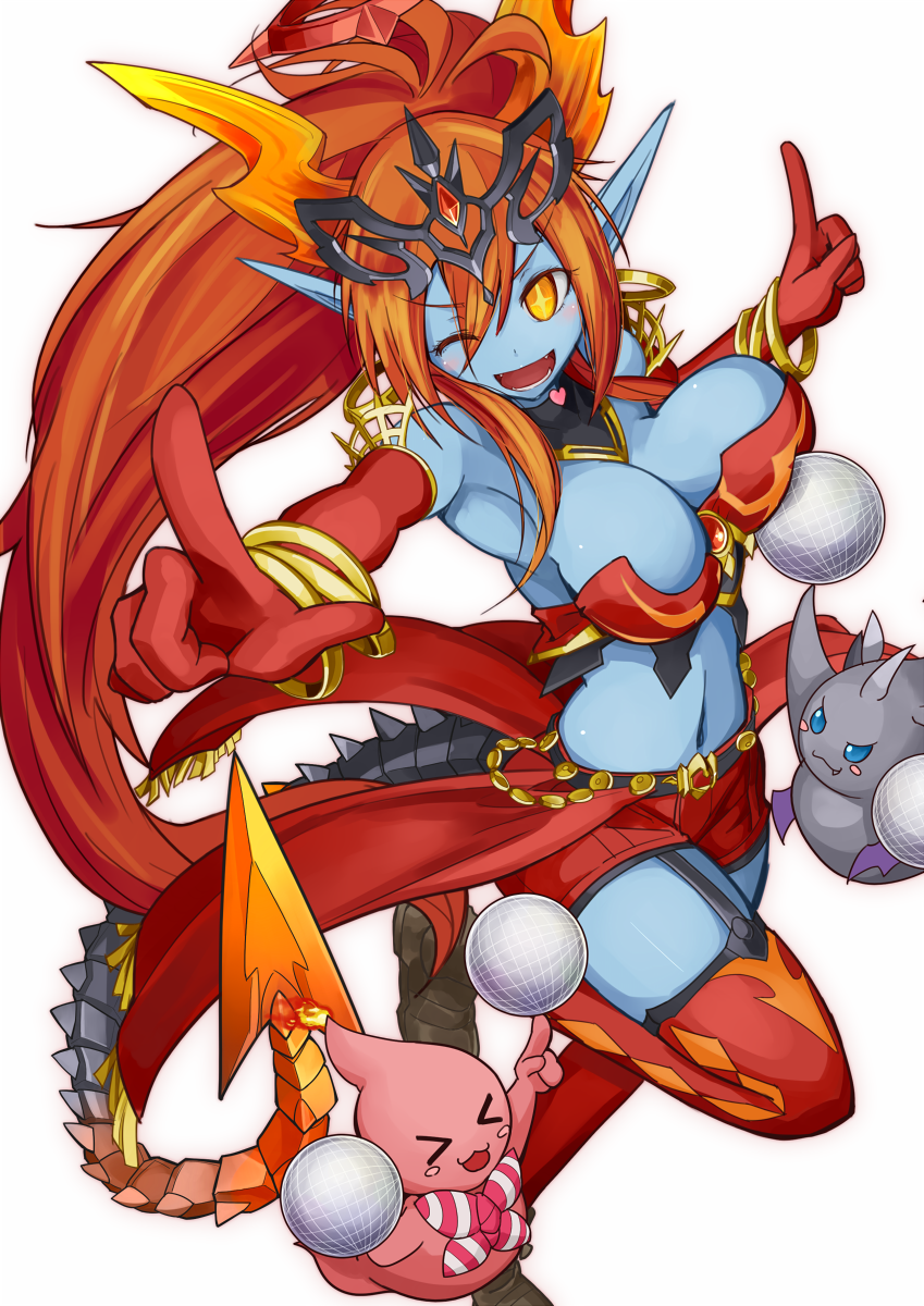 +_+ 1girl ;d armor bangle belt blue_skin bracelet breasts cleavage devilit dub-rubylit elbow_gloves gloves hera-ur_(p&amp;d) hera_(p&amp;d) highres horns jewelry large_breasts long_hair memento_vivi midriff navel one_eye_closed open_mouth pointy_ears ponytail puzzle_&amp;_dragons redhead shorts simple_background smile solo standing_on_one_leg tail thigh-highs white_background yellow_eyes zettai_ryouiki