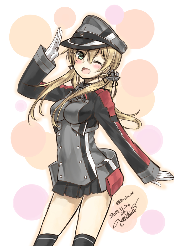 1girl anchor_hair_ornament blonde_hair blush dated gloves hair_ornament hat kantai_collection long_hair long_sleeves looking_at_viewer microskirt military military_uniform open_mouth over-kneehighs peaked_cap pleated_skirt prinz_eugen_(kantai_collection) signature simple_background skirt solo thigh-highs twintails twitter_username uniform white_gloves yuihira_asu zettai_ryouiki