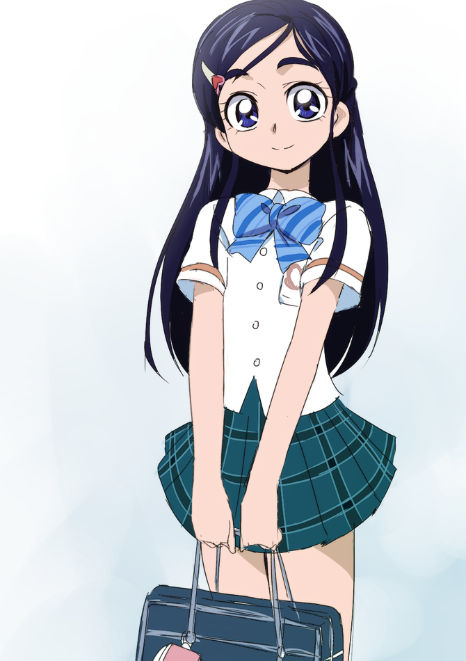 1girl bag blue_eyes blue_hair bowtie eyebrows futari_wa_precure hair_ornament hairclip long_hair looking_at_viewer manji_(tenketsu) plaid plaid_bowtie plaid_skirt precure school_bag school_uniform sketch skirt smile solo thick_eyebrows yukishiro_honoka