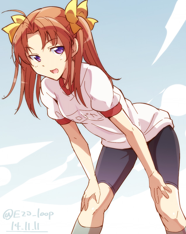 1girl :d ahoge bike_shorts bow brown_hair dated e20 gym_uniform hair_bow hands_on_knees kagerou_(kantai_collection) kantai_collection kneehighs leaning_forward looking_at_viewer open_mouth smile solo twintails twitter_username violet_eyes