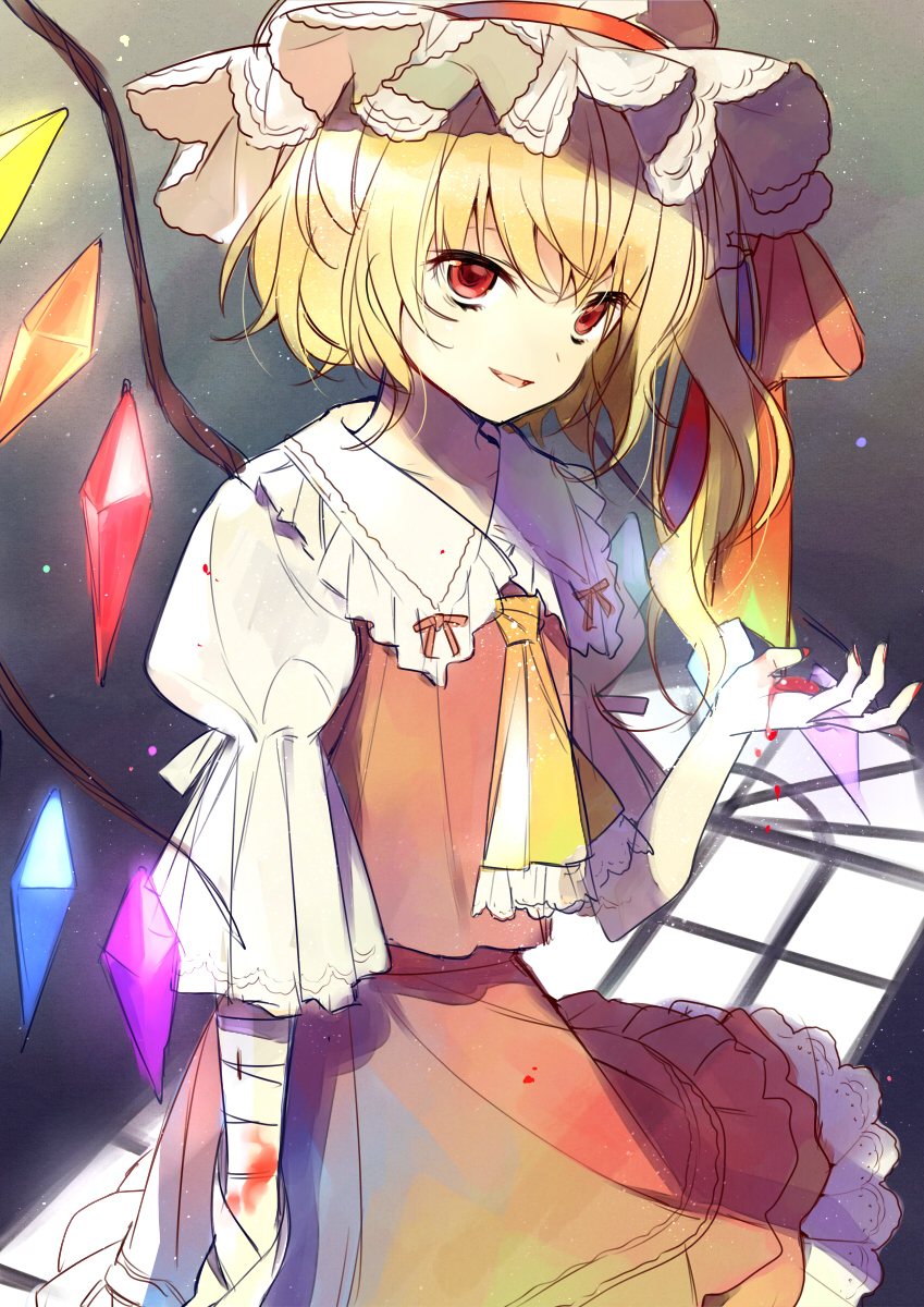 1girl bandages blonde_hair blood flandre_scarlet hanabana_tsubomi hat highres mob_cap open_mouth red_eyes ribbon short_hair side_ponytail smile solo touhou window_shade wings