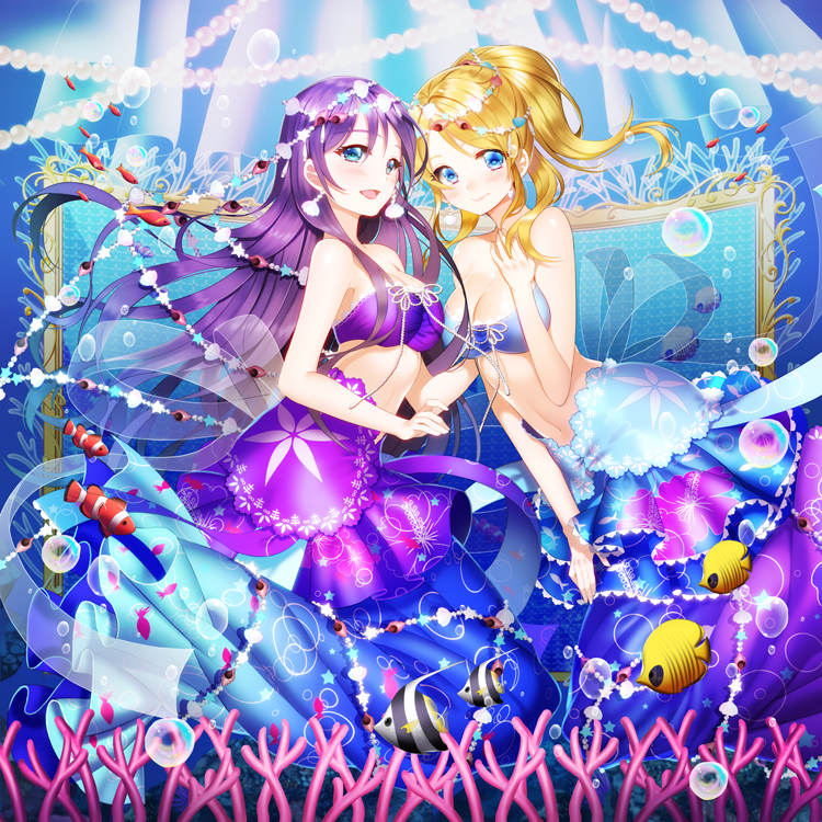 2girls aile_(crossroads) aqua_eyes ayase_eli blonde_hair blue_eyes blush breasts bubble clownfish coral earrings fish hand_on_own_chest jewelry long_hair love_live!_school_idol_project mermaid monster_girl multiple_girls navel open_mouth toujou_nozomi underwater violet_eyes