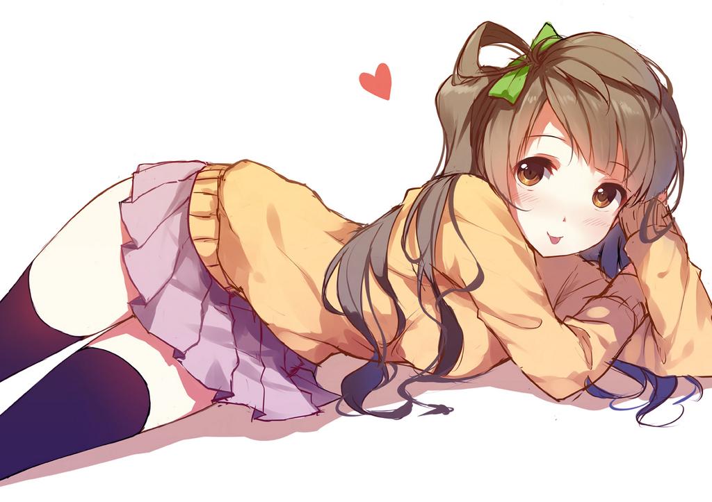 1girl :p amber_eyes blush brown_hair caidychen heart long_hair looking_at_viewer love_live!_school_idol_project lying minami_kotori pleated_skirt pose side_ponytail simple_background sketch skirt solo sweater thigh-highs tongue tongue_out wavy_hair white_background