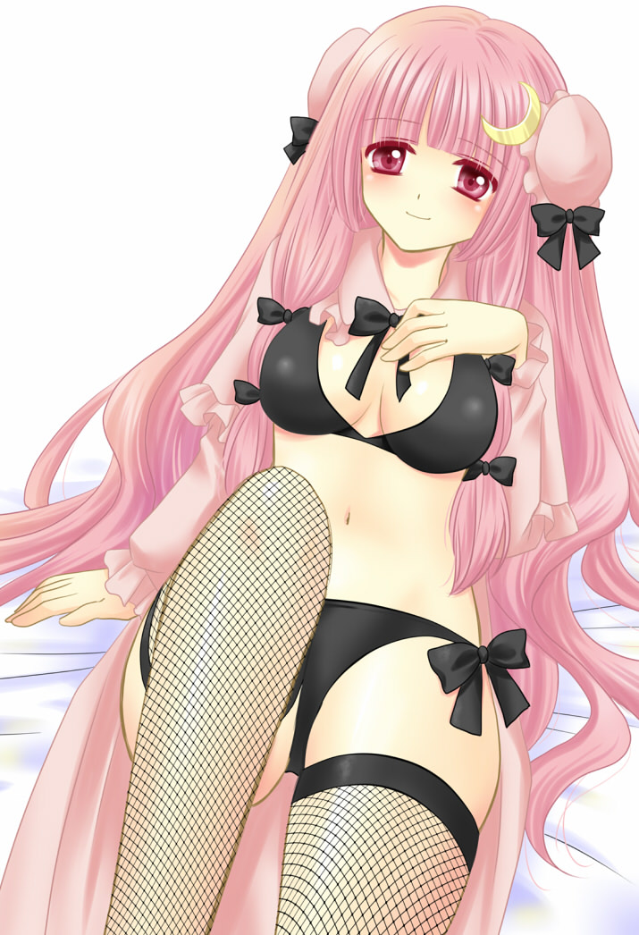 arm_support bangs black_bra black_panties blunt_bangs blush bow bra breasts bun_cover cleavage crescent double_bun fishnet_legwear fishnets hair_bow hair_ribbon hand_on_own_chest lingerie long_hair navel open_clothes open_robe panties patchouli_knowledge pink_eyes pink_hair pinkinfinity ribbon side-tie_panties sidelocks simple_background sitting smile thigh-highs thighhighs touhou underwear