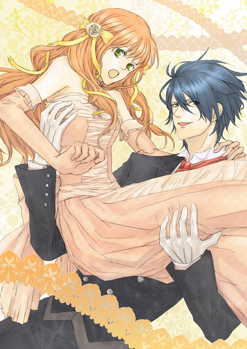 1boy 1girl blue_hair carrying couple dress elbow_gloves flower formal gloves green_eyes hair_ribbon hetero hold holding mizu_no orange_hair original princess_carry ribbon suit tuxedo white_gloves