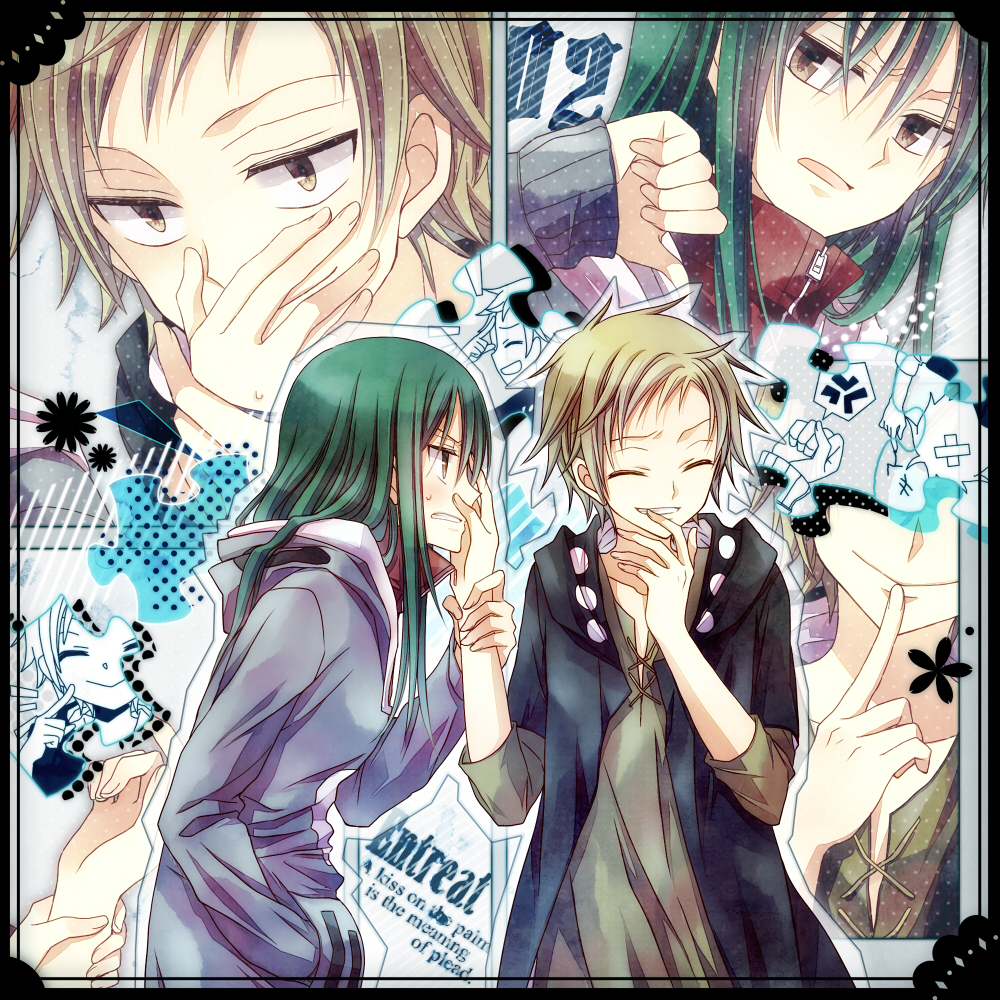 1boy 1girl annoyed blush brown_eyes brown_hair green_hair hand_on_another's_face kagerou_project kano_(kagerou_project) kido_(kagerou_project) long_hair minorikoike multiple_persona puzzle short_hair