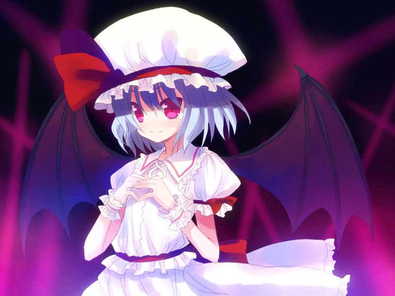 bat_wings blue_hair hands_together hat meito_(maze) red_eyes remilia_scarlet short_hair slit_pupils solo touhou wallpaper wings