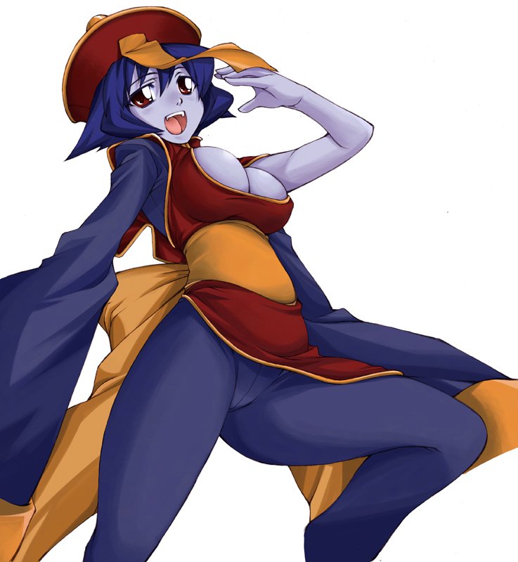 ayamo_kaoru blue_hair blue_skin breasts capcom cleavage cleavage_cutout darkstalkers demon_girl geung_si hat hsien-ko jiangshi lei_lei short_hair simple_background solo vampire_(game) white_background zombie