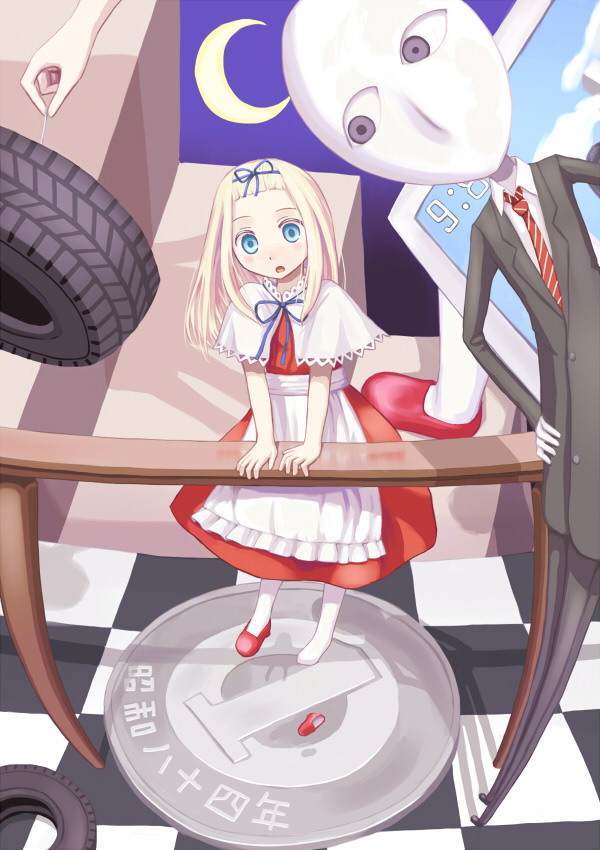 abstract blonde_hair blue_eyes coin dreamrabbit dress hair_ribbon long_hair moon ribbon tire