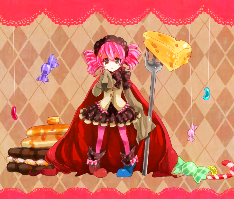 argyle_legwear candy charlotte_(madoka_magica) cheese cookie drill_hair food fork hat hz jelly_bean mahou_shoujo_madoka_magica pancake pantyhose personification pink_hair pink_legwear sleeves_past_wrists sweets twin_drills twintails