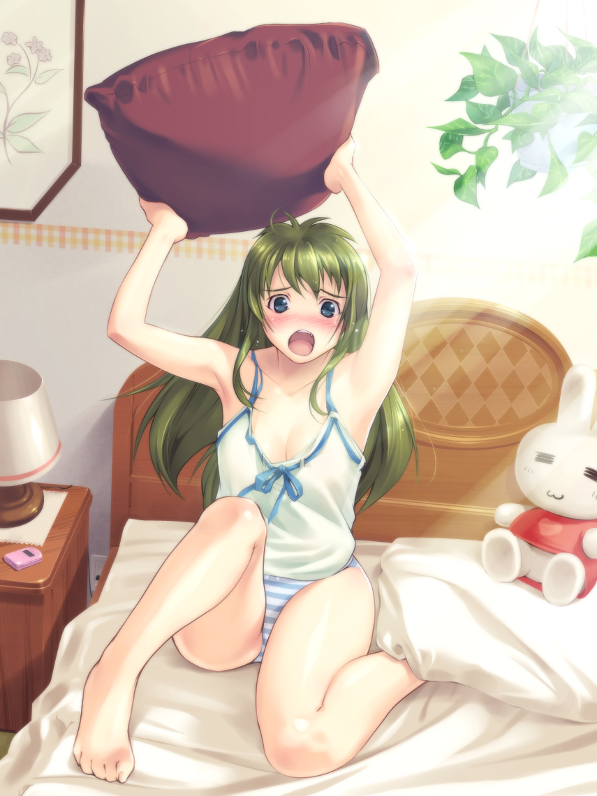 =_= armpits arms_up barefoot bed blue_eyes blush breasts camisole cellphone cleavage embarrassed feet green_hair houseplant lamp legs lingerie long_hair niku open_mouth original panties phone pillow plant potted_plant solo striped striped_panties stuffed_animal stuffed_toy sunlight underwear