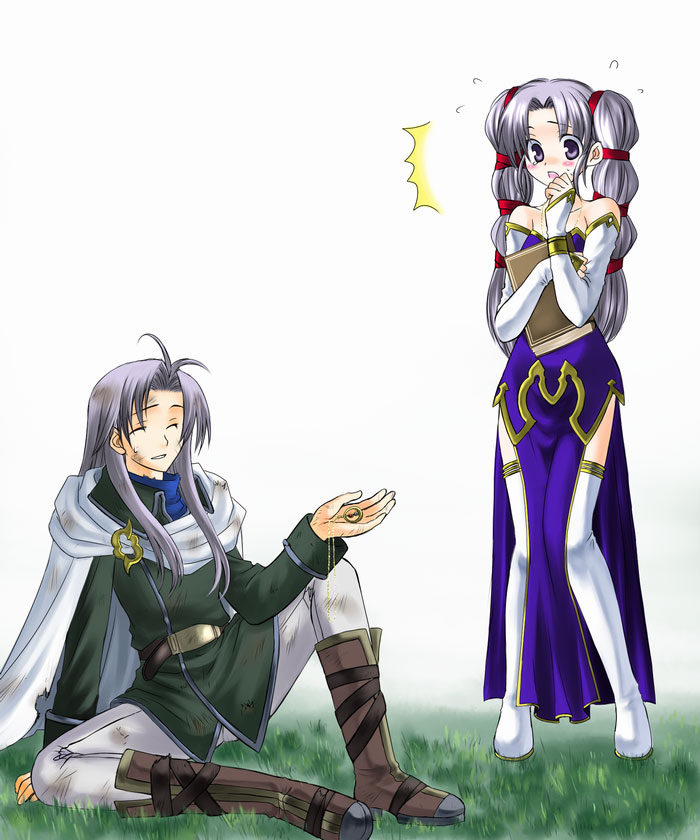 74 arthur_(fire_emblem) blush book boots brother_and_sister detached_sleeves dress embarrassed fire_emblem fire_emblem:_seisen_no_keifu fire_emblem_genealogy_of_the_holy_war long_hair open_mouth purple_eyes siblings side_slit silver_hair thigh-highs thigh_boots thighhighs tinny tinny_(fire_emblem) twintails violet_eyes
