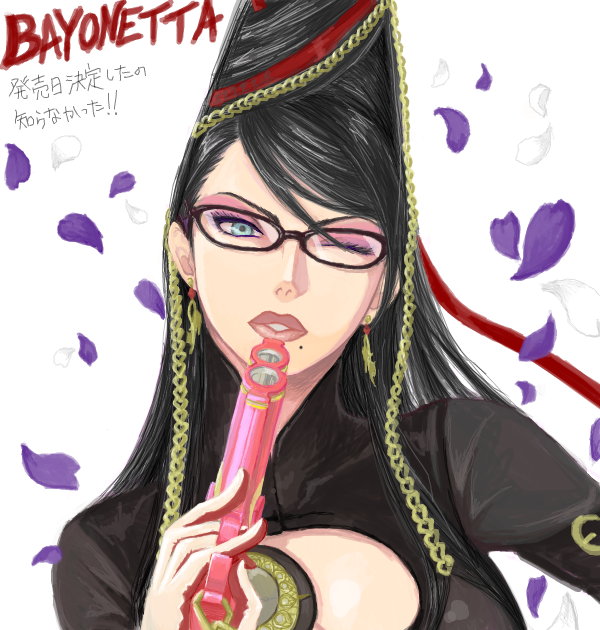 bayonetta bayonetta_(character) black_hair blue_eyes earrings eyeshadow glasses gun lips long_hair mole nebbish ribbon solo weapon wink