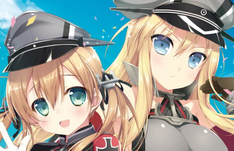 2girls anchor_hair_ornament artist_request bismarck_(kantai_collection) black_ribbon blonde_hair blue_eyes blush breasts gloves green_eyes hair_ornament hair_ribbon hat iron_cross kantai_collection large_breasts long_hair military military_uniform multiple_girls open_mouth peaked_cap prinz_eugen_(kantai_collection) ribbon smile twintails uniform white_gloves
