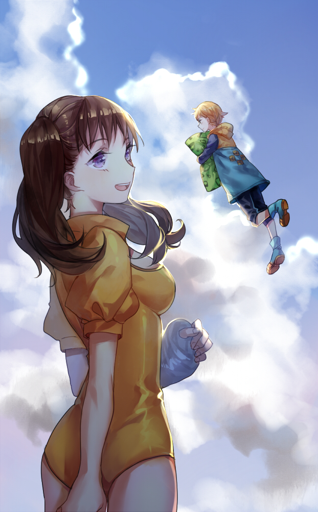 1boy 1girl bodysuit boots breasts brown_hair clouds diane_(nanatsu_no_taizai) fingerless_gloves floating giantess gloves hood imi_fumei jacket king_(nanatsu_no_taizai) long_hair nanatsu_no_taizai pillow shiny shiny_hair short_hair single_glove size_difference sky smile violet_eyes